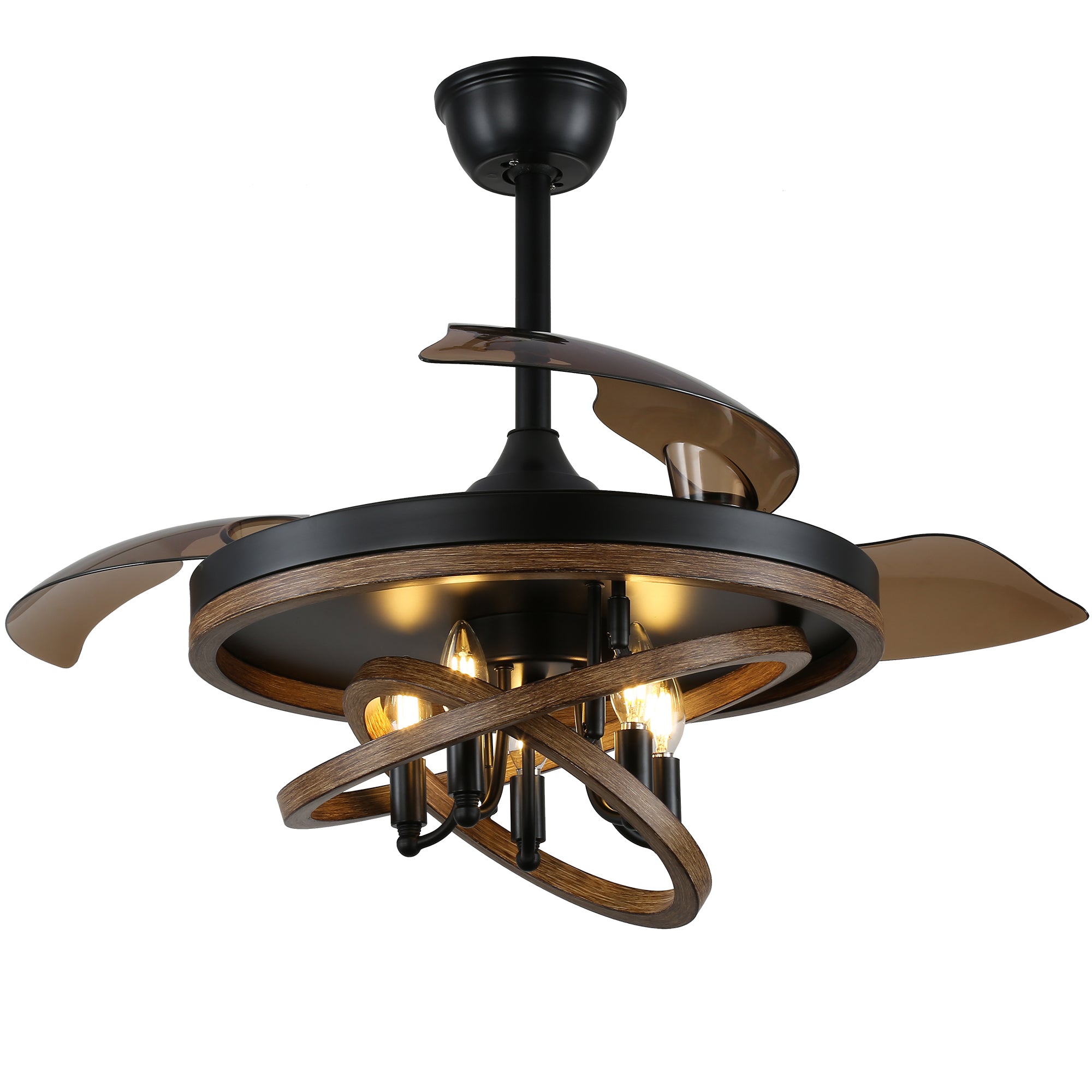 42 Inch Black Farmhouse Retractable Ceiling Fan with Lights and Remote Control, 6 Speeds Reversible Fandelier Ceiling Fan with DIY Shade