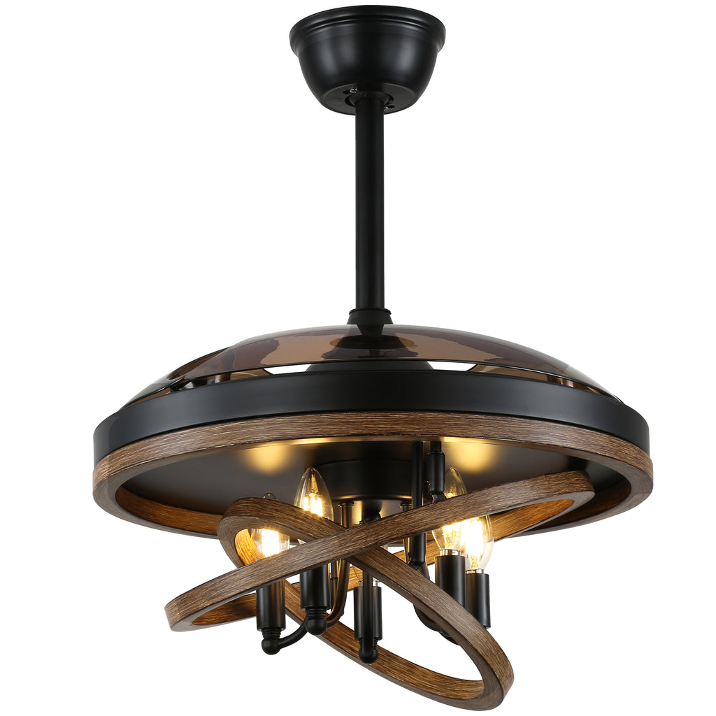 42 Inch Black Farmhouse Retractable Ceiling Fan with Lights and Remote Control, 6 Speeds Reversible Fandelier Ceiling Fan with DIY Shade