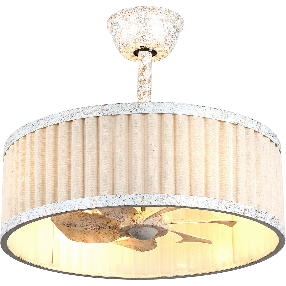 20 Inch Vintage Drum Cage Ceiling Fan with Light and Remote, 6-Speed DC Motor Distressed White Bladeless Ceiling Fan for Bedroom