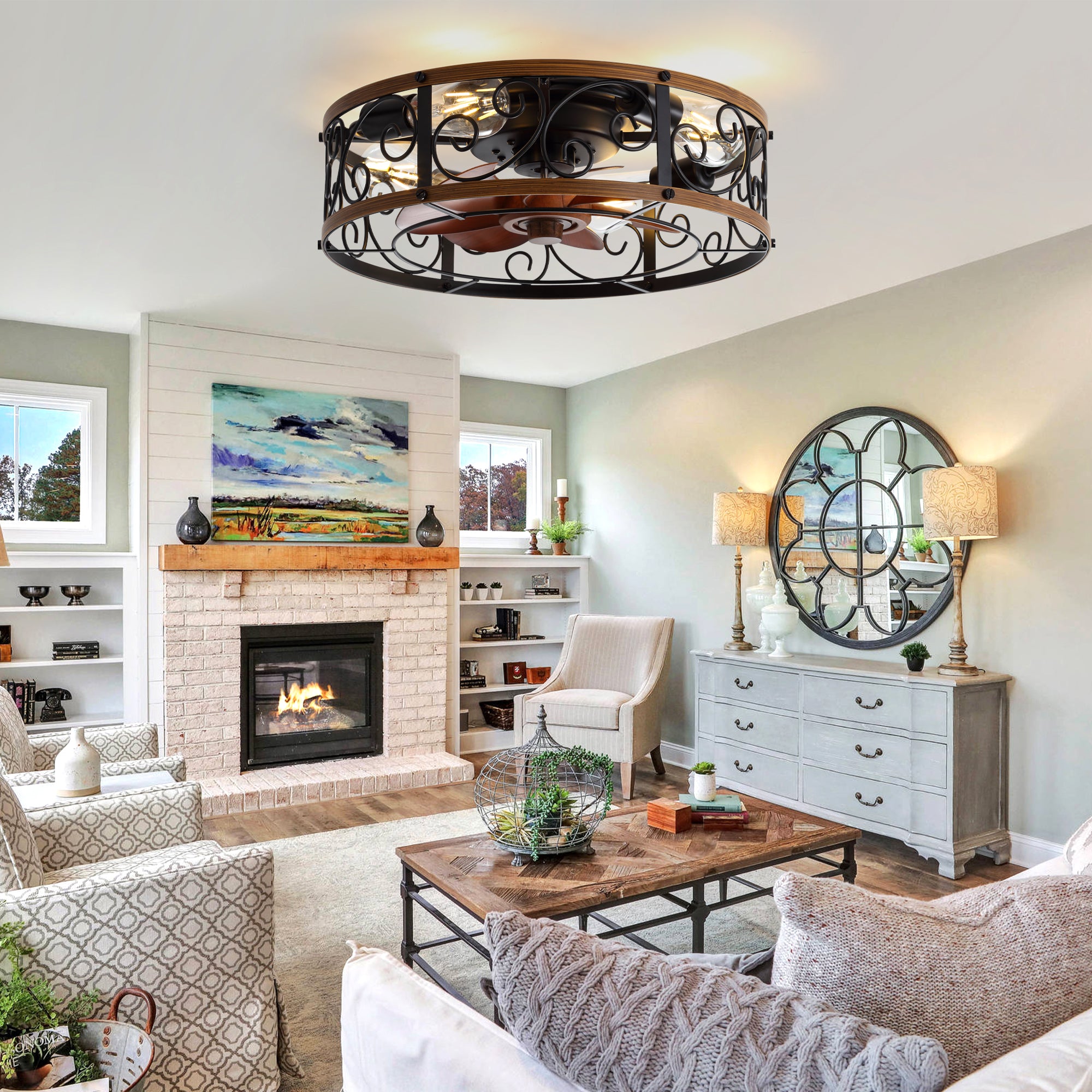 18 Inch Rustic Farmhouse Industrial Flush Mount Ceiling Fan with Lights and Remote, 6 Speeds DC Motor Reversible Low Profile Ceiling Fan