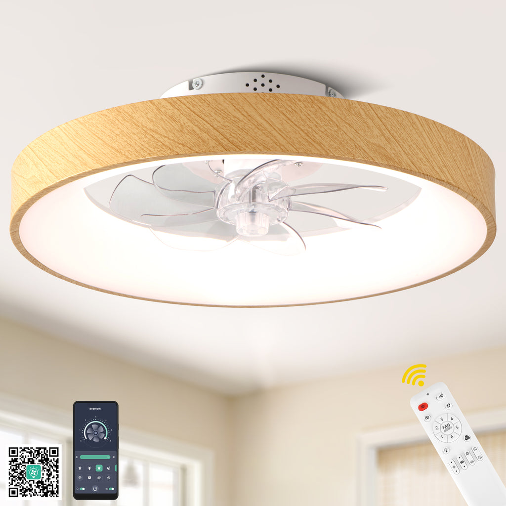 20 Inch Modern Smart Flush Mount Ceiling Fan with Dimmable LED Light, 6-Speed DC Motor Bladeless Ceiling Fan with Remote