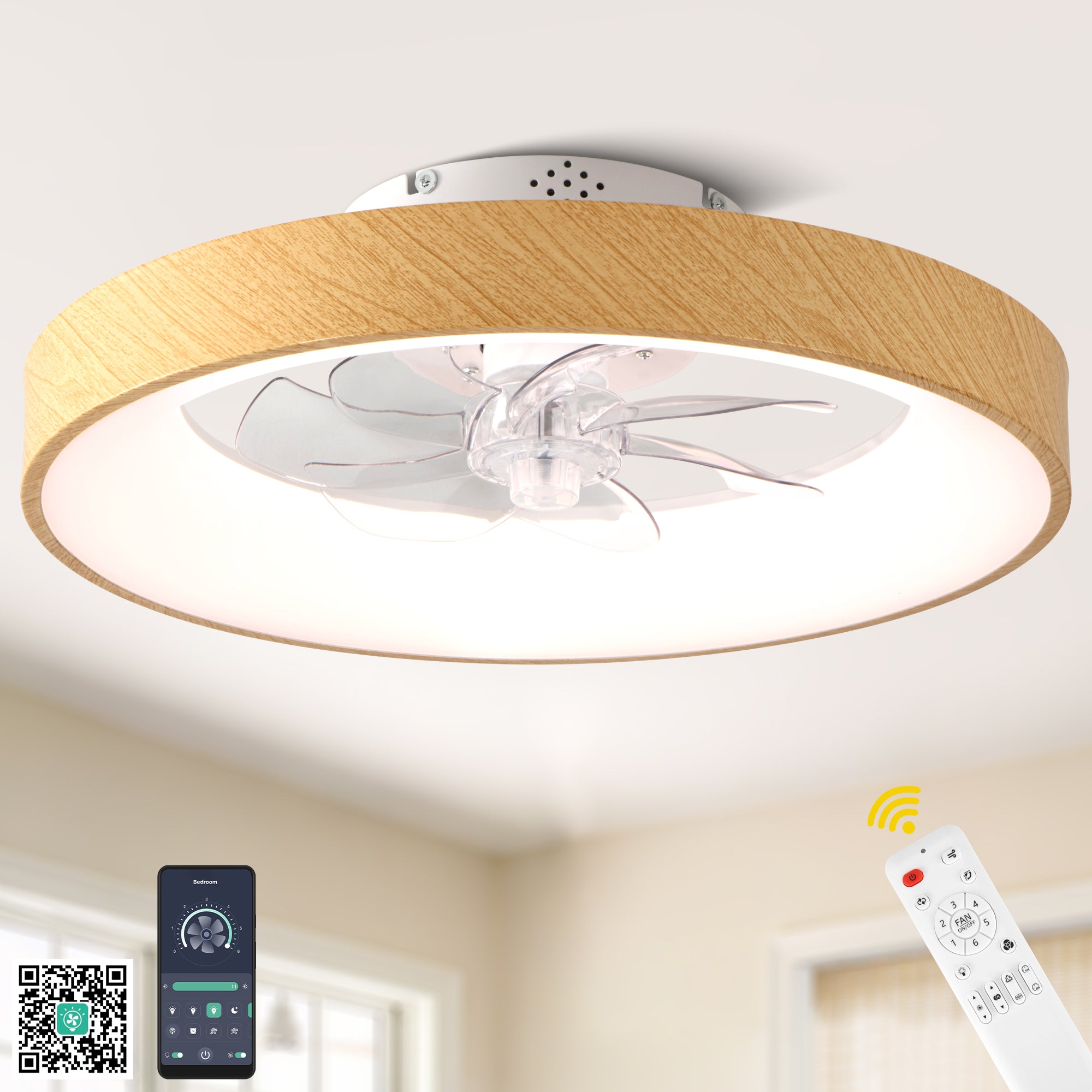 20 Inch Modern Smart Flush Mount Ceiling Fan with Dimmable LED Light, 6-Speed DC Motor Bladeless Ceiling Fan with Remote