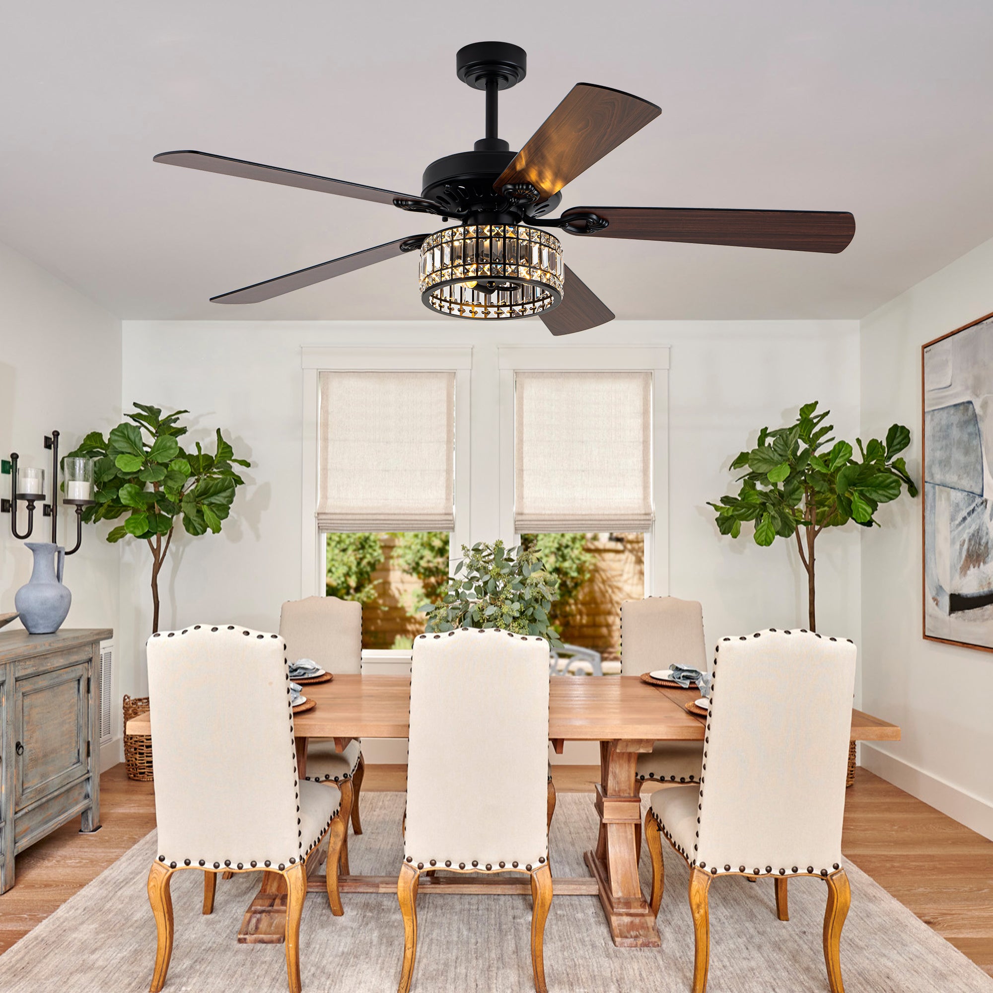 Luxury 60 Inch Crystal Caged Ceiling Fan with Light Reversible Quiet DC Motor and Remote Control Ceiling Fan Wood Blades Ceiling Fan Suit for Bedroom, Living Room, Kitchen