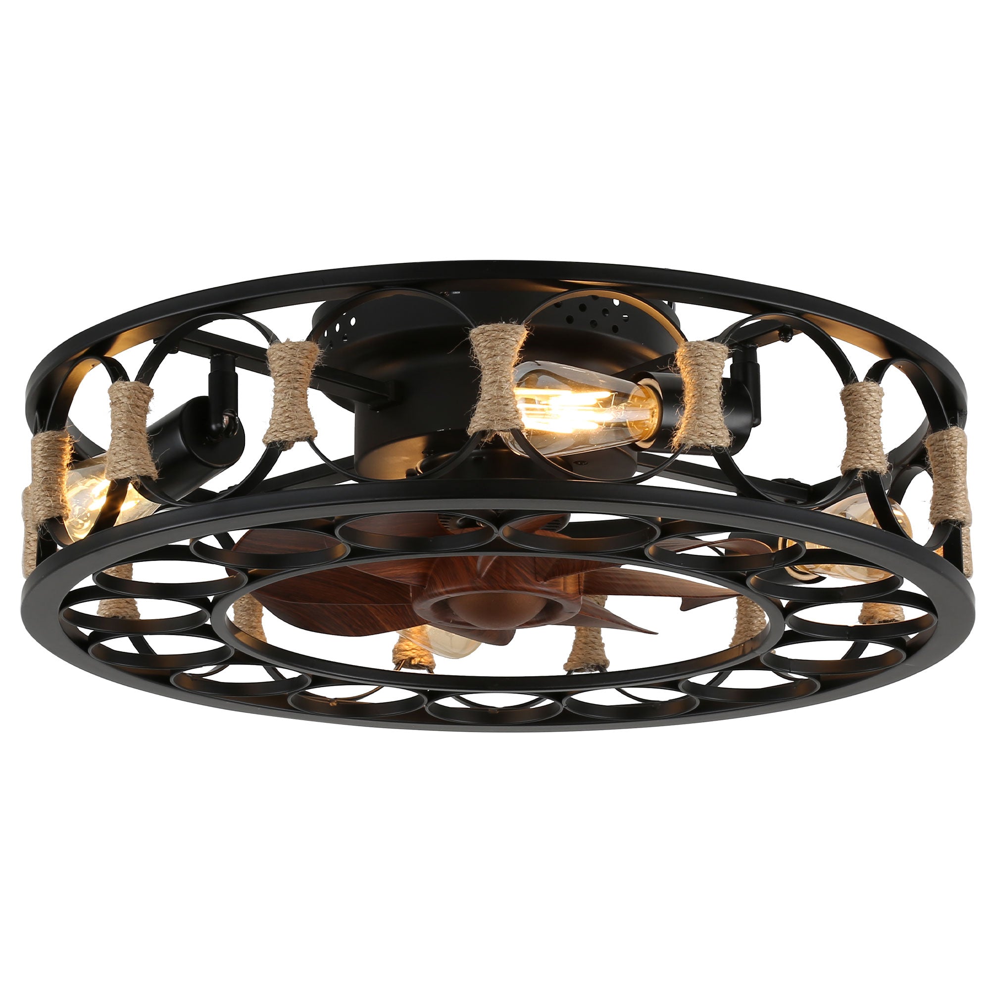 19 Inch Black Farmhouse Flush Mount Ceiling Fan with Lights and Remote, 6 Speeds DC Motor Bladeless Ceiling Fans for Low Profile Ceiling