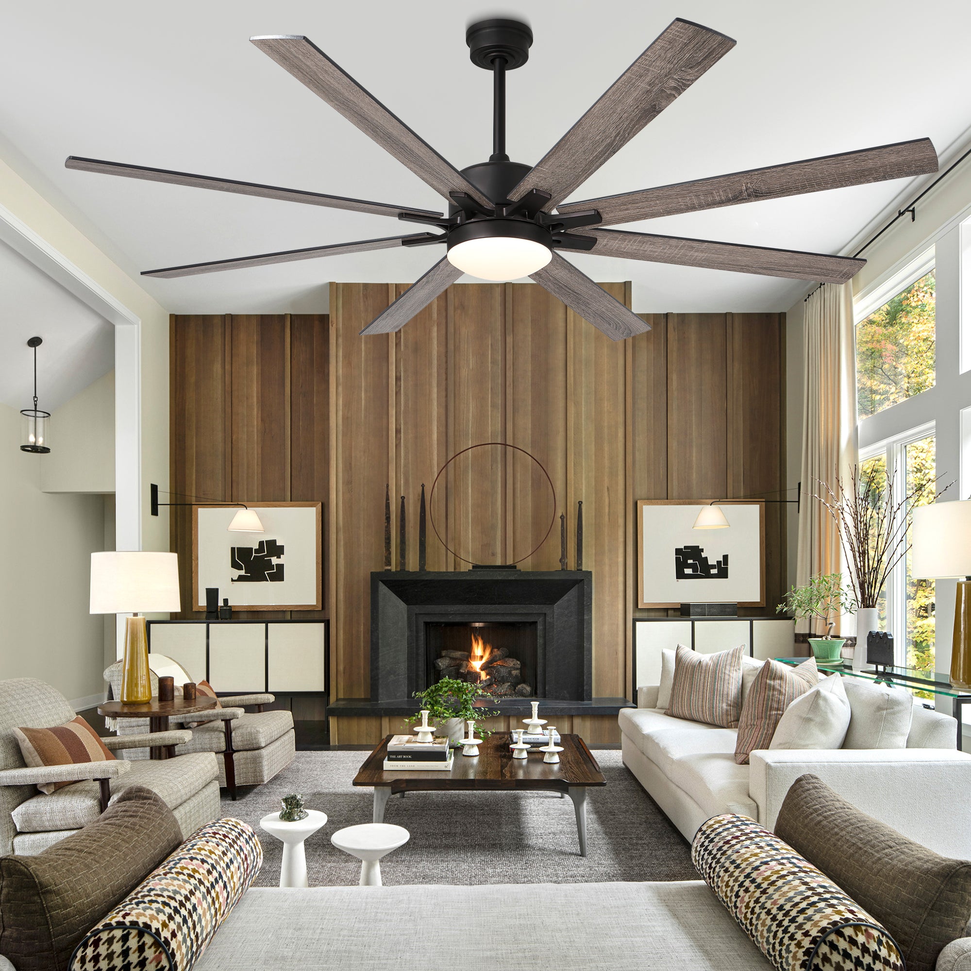 DC7207GED-BellaDepot 72" 8 Blades Simple Modern Reversible Ceiling Fan with Remote and LED Light Kit Included, 6-speed Dimmable Large Size Ceiling Fan