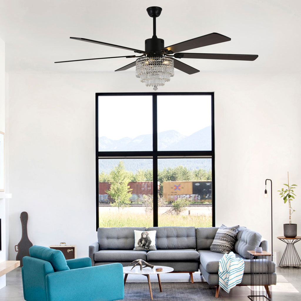 DC6502-BellaDepot 65" Black/Silver Finish Metal Crystal Wooden Reversible Ceiling Fan with Remote and 3 Lights, Large Size Ceiling Fan