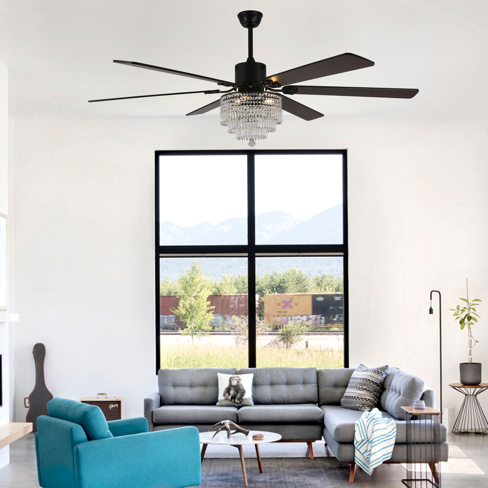 DC6502-BellaDepot 65" Black/Silver Finish Metal Crystal Wooden Reversible Ceiling Fan with Remote and 3 Lights, Large Size Ceiling Fan