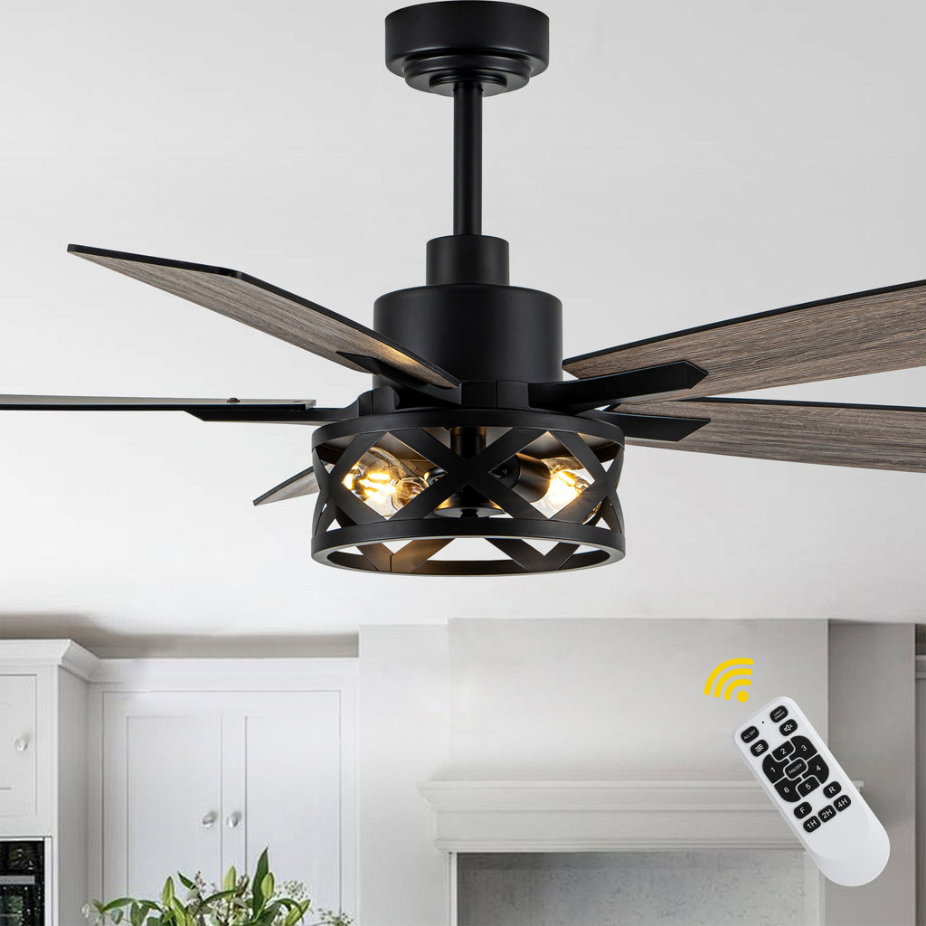 52 Inch Industrial Wood Grain Caged Ceiling Fan with Remote and Reversible Blades, 6-Speed Ceiling Fan with Lights