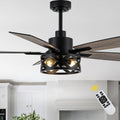 52 Inch Industrial Wood Grain Caged Ceiling Fan with Remote and Reversible Blades, 6-Speed Ceiling Fan with Lights