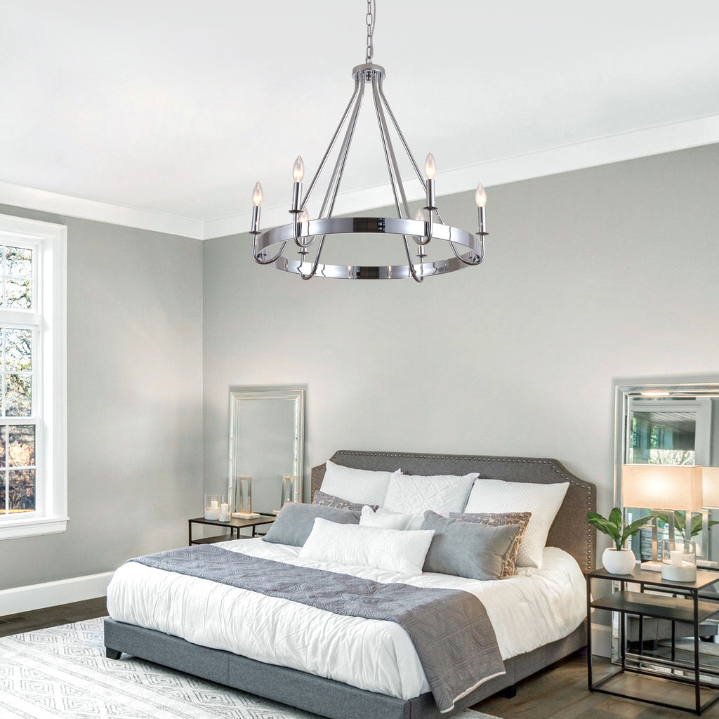 6 - Light Chrome Farmhouse Wagon Wheel Chandelier,  28 Inch Industrial Rustic Vintage Round Kitchen Island Pendant Light for Dining Room