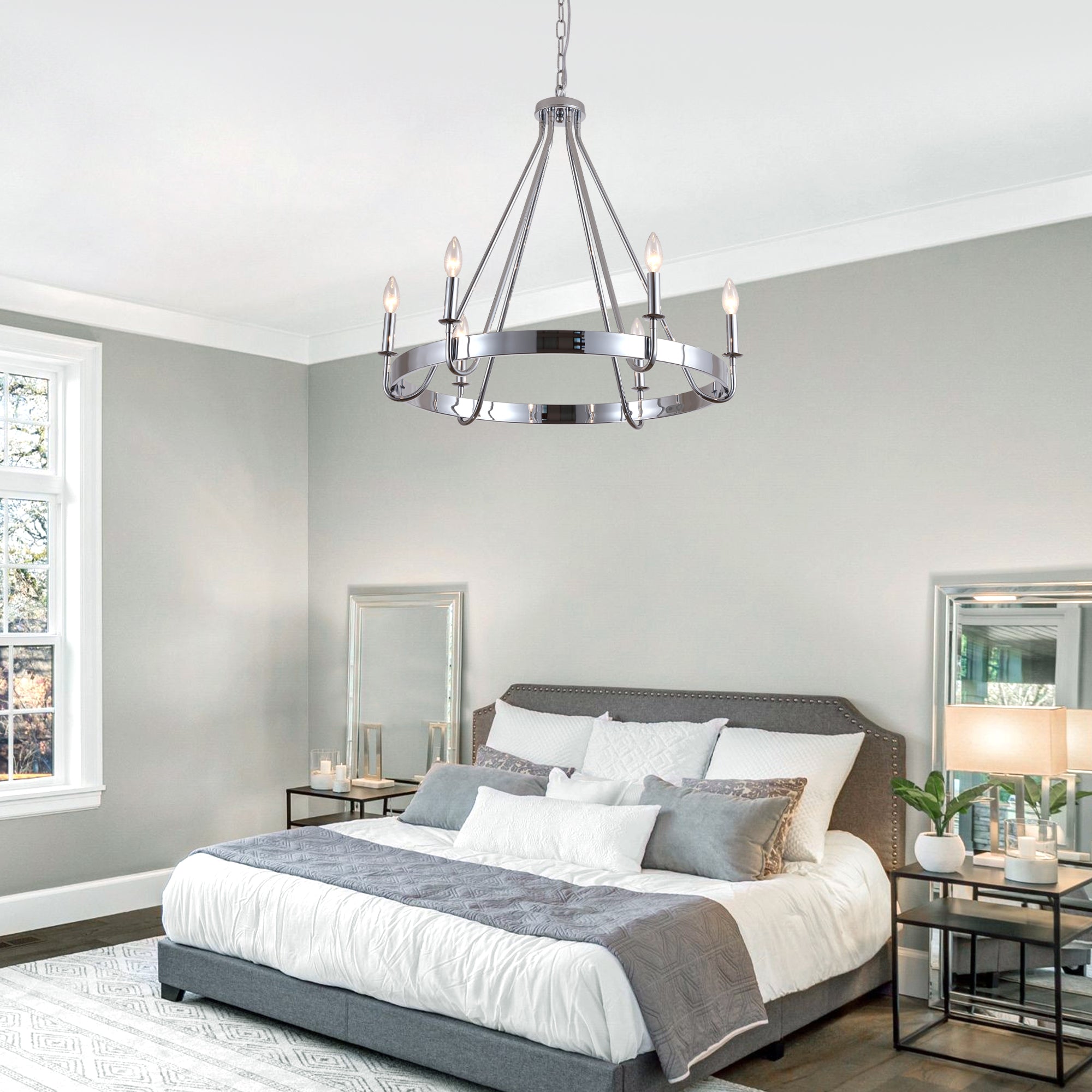 6 - Light Chrome Farmhouse Wagon Wheel Chandelier,  28 Inch Industrial Rustic Vintage Round Kitchen Island Pendant Light for Dining Room