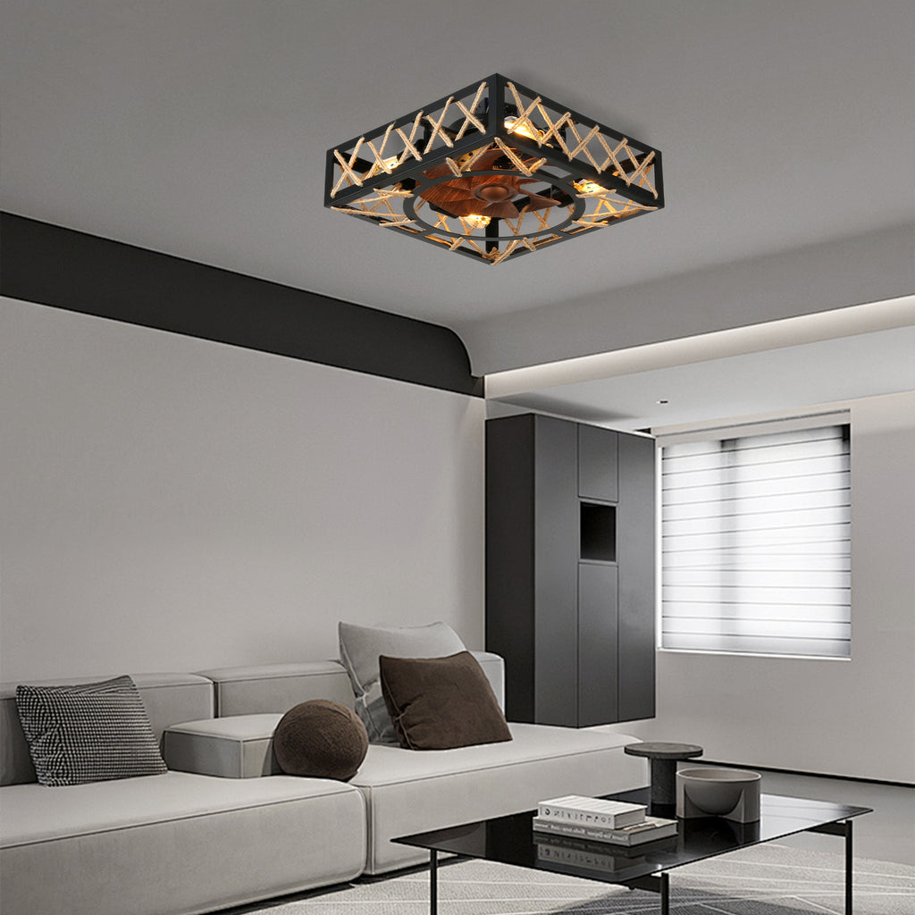 18 Inch Rectangular Industrial Farmhouse Flush Mount Ceiling Fan with Lights and Remote Control, 6 Speeds DC Motor Bladeless Ceiling Fan