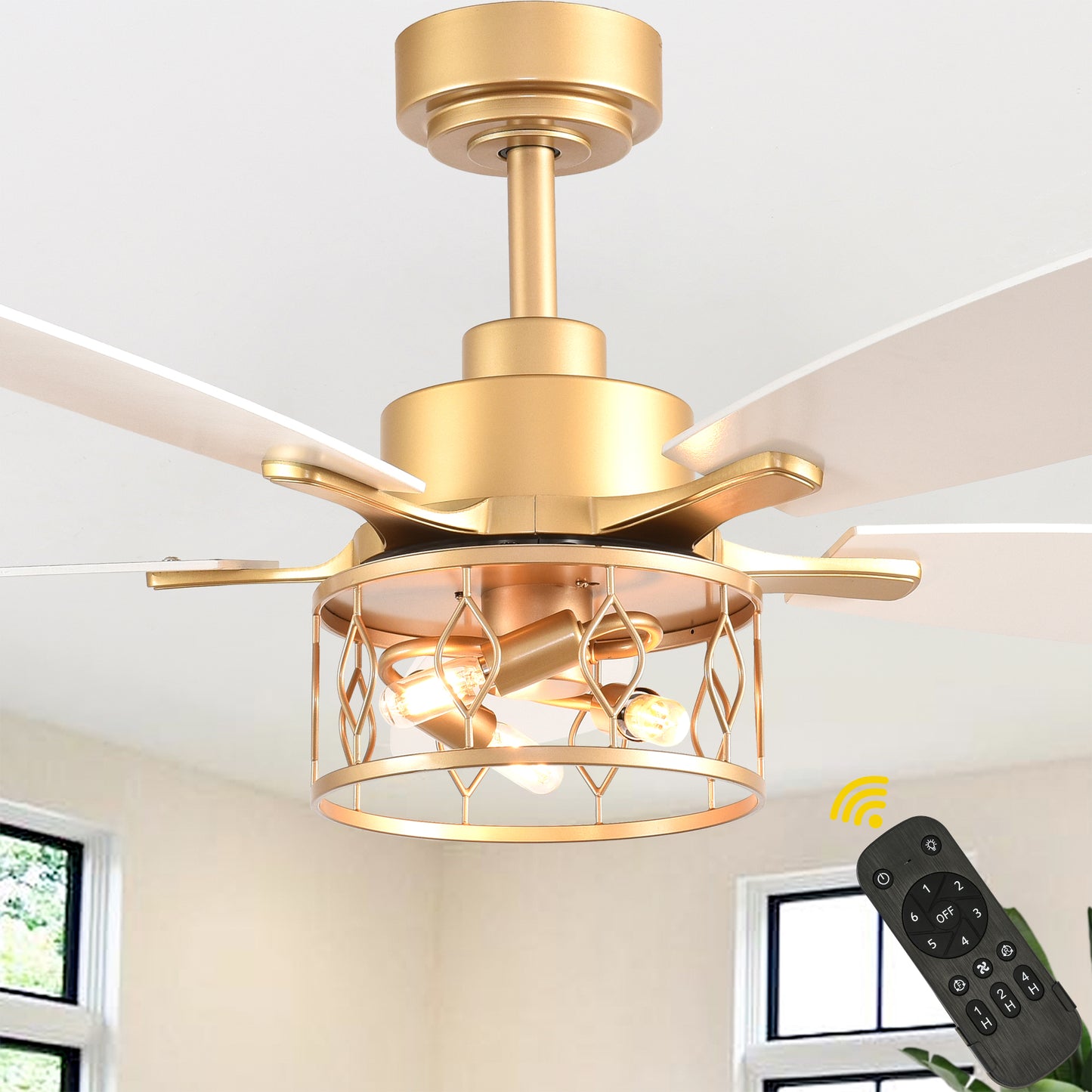 DC255201-G-BellaDepot 52" Golden Light Luxury Modern Style Ceiling Fan with Silver Blades, Remote-controlled 6 Speeds Fan with Lights for Large Room
