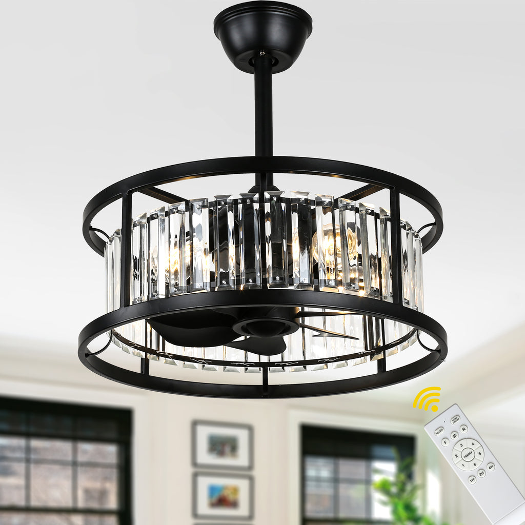 20 Inch Modern Glam Crystal Drum Cage Ceiling Fan with Light and Remote, 6-Speed Reversible DC Motor Bladeless Ceiling Fan with Crystals