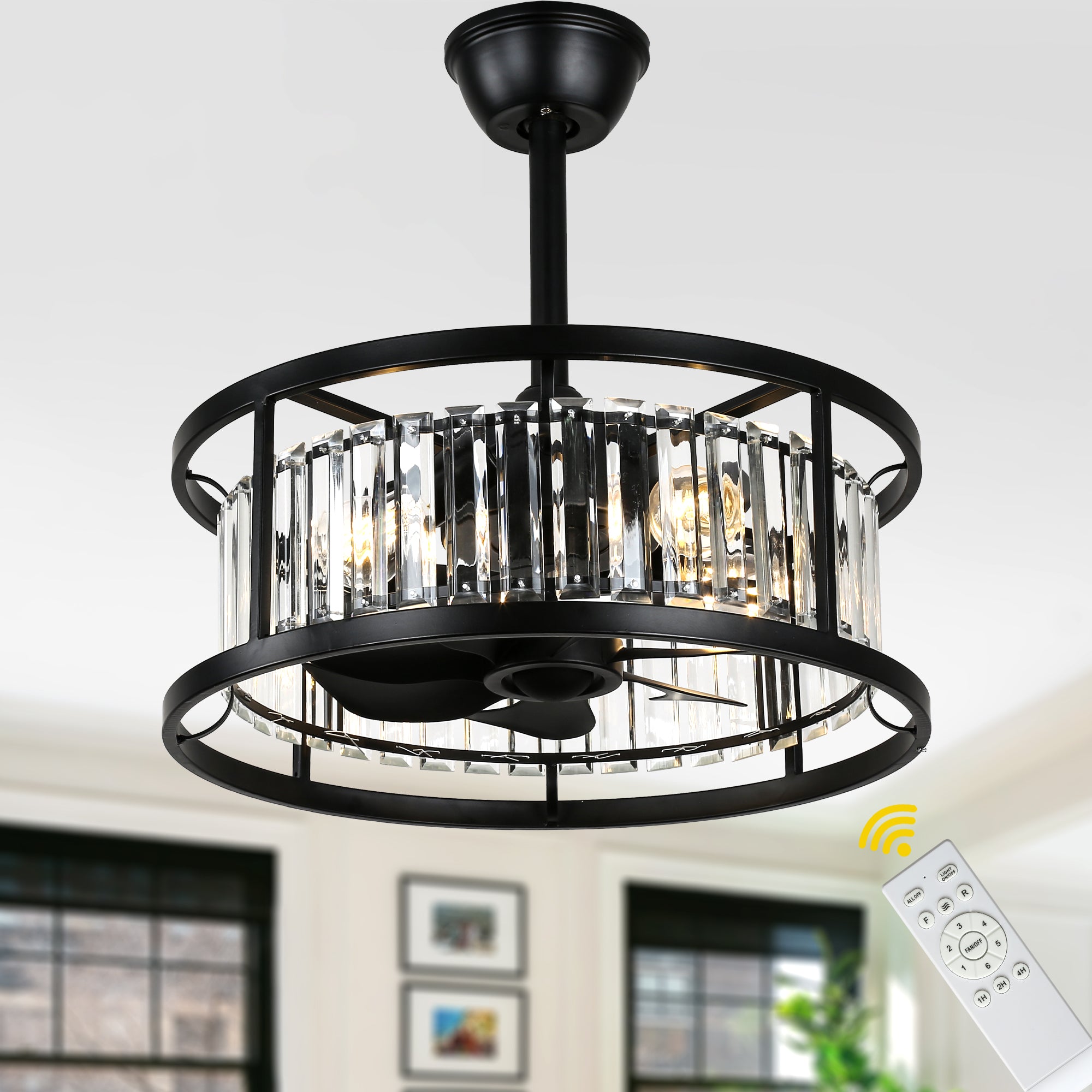 20 Inch Modern Glam Crystal Drum Cage Ceiling Fan with Light and Remote, 6-Speed Reversible DC Motor Bladeless Ceiling Fan with Crystals