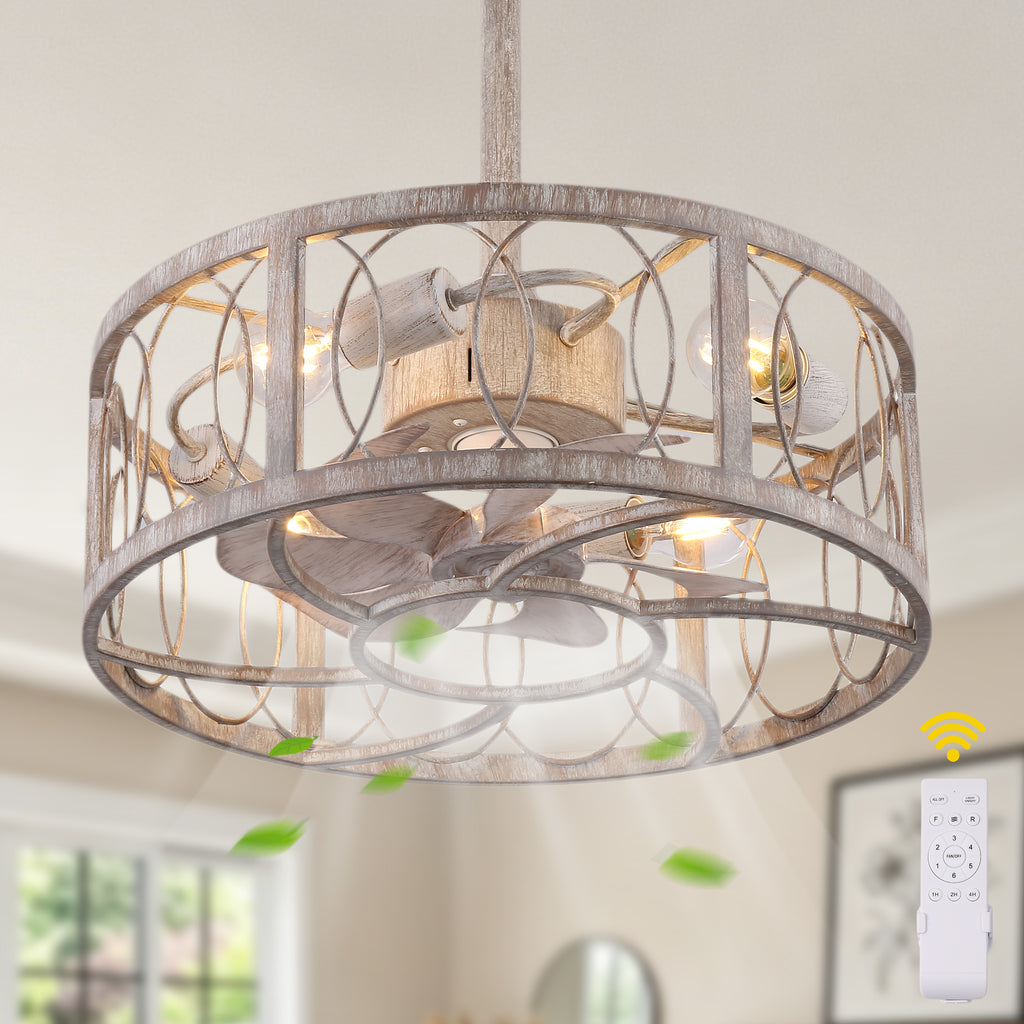 Industrial 20 Inch Distressed White Caged Ceiling Fan with Light Quiet DC Motor with Remote Control Ceiling Fan Small Farmhouse Ceiling Fan with Light Suit for Bedroom, Kitchen,Living Room