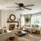 Bohemian 52 Inch Flush Mount Ceiling Fan with Light Quiet DC Motor Reversible 5 Fan Blades Farmhouse Ceiling Fan with Light Remote Control 6 Adjustable Speed Ceiling Fan Suit for Bedrooms, Kitchens, Living Rooms