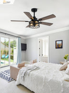 46 Inch Farmhouse Caged Ceiling Fan with Light and Remote, 6-Speed DC Motor Reversible Ceiling Fan, Dual-Finish Blades, Adjustable Height