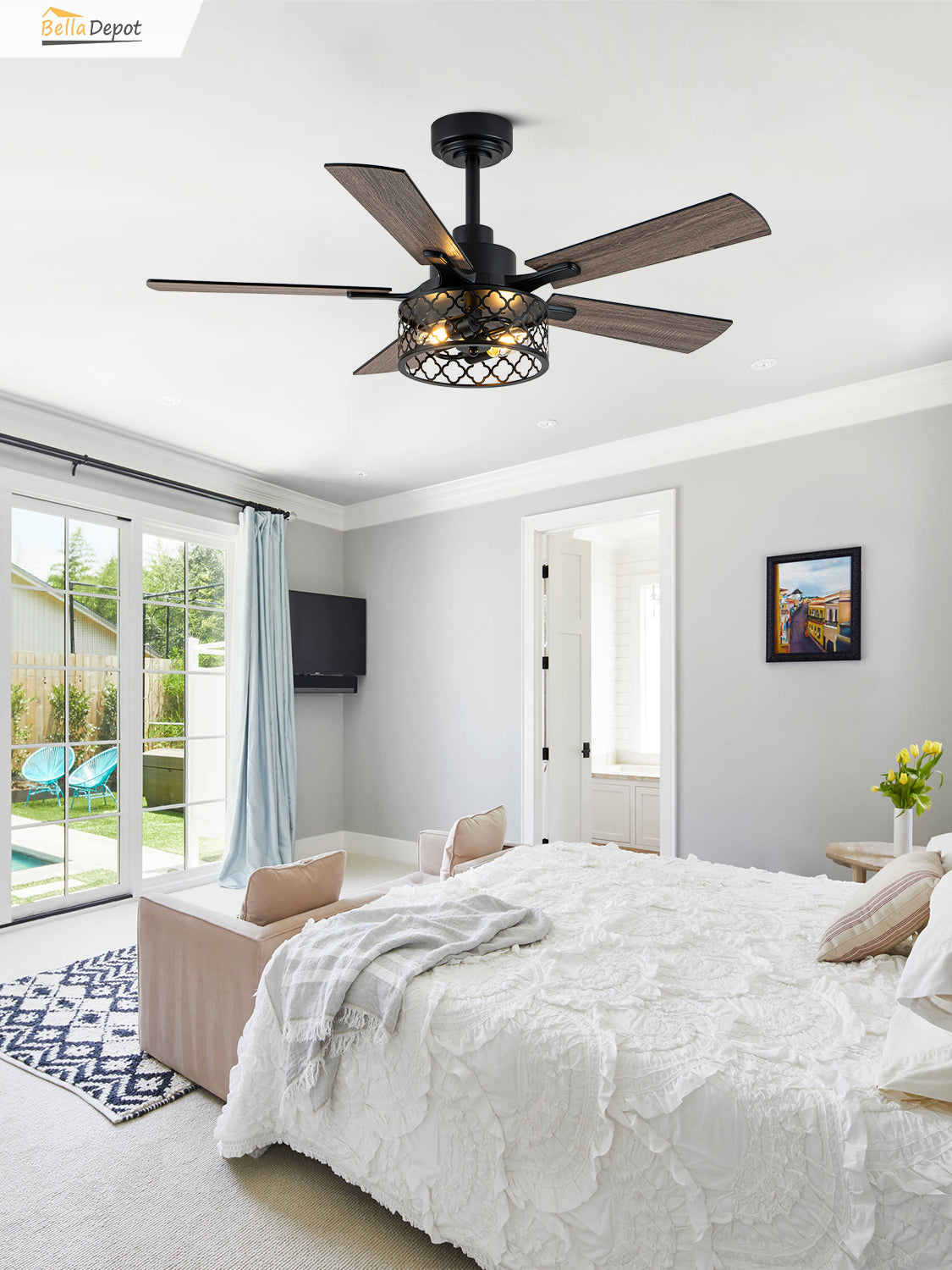 46 Inch Farmhouse Caged Ceiling Fan with Light and Remote, 6-Speed DC Motor Reversible Ceiling Fan, Dual-Finish Blades, Adjustable Height