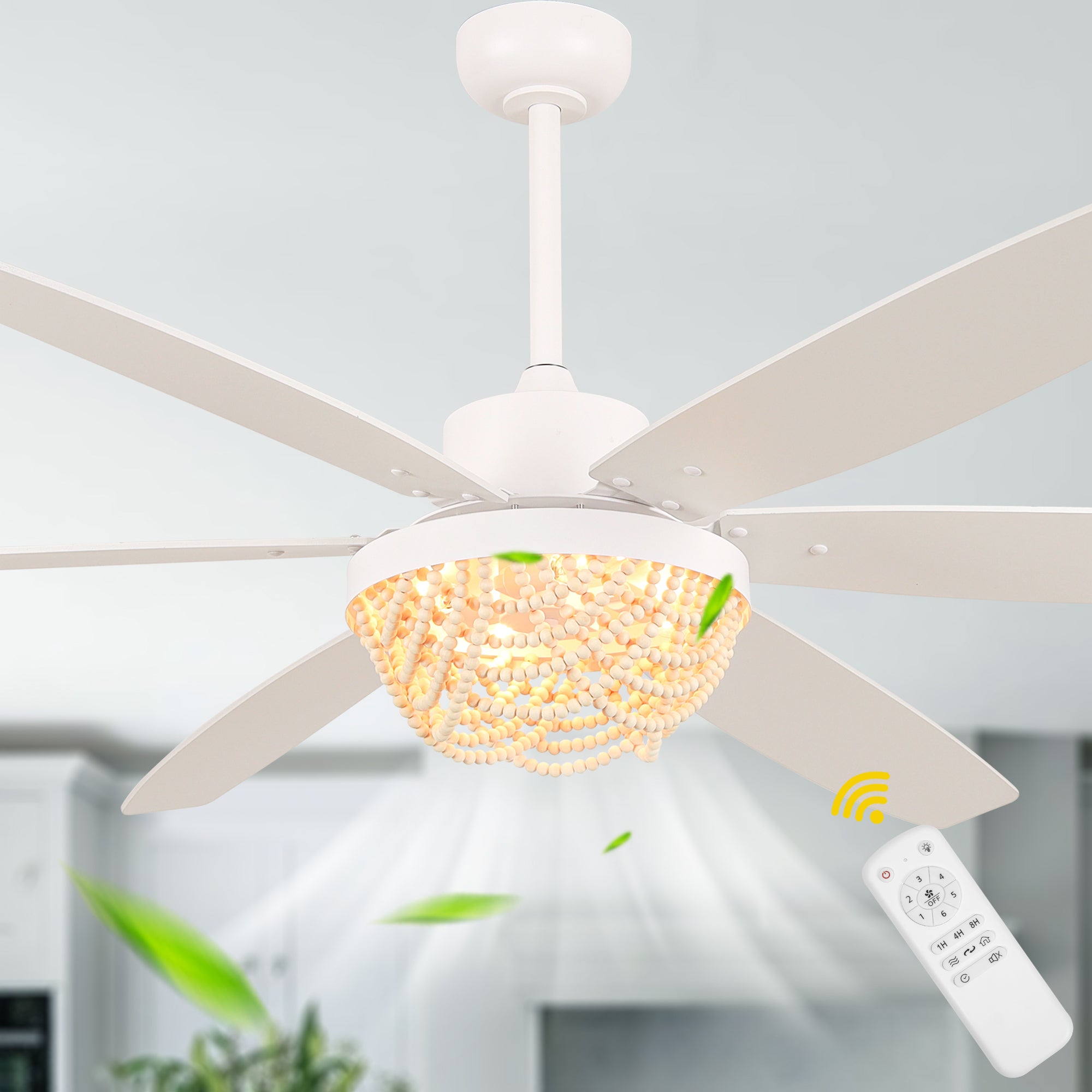 65 Inch White Bohemian  Ceiling Fan with Lights and Remote, 6 Speeds DC Motor Reversible Large Ceiling Fan for Living Room