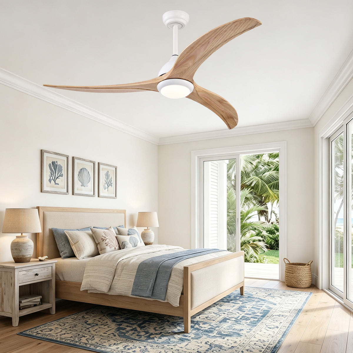 52 Inch Modern Farmhouse Matte White Solid Wood Blade Ceiling Fan with Lights & Remote Control, 6 Speed DC Motor Reversible Ceiling Fan