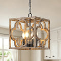 Farmhouse Wooden Square 14 Inch Chandelier with 4-Light Hollowed Out Handmade Wooden Adjustable Chain Chandelier Vintage Chandelier Suit for Bedrooms, Living rooms, Kitchens