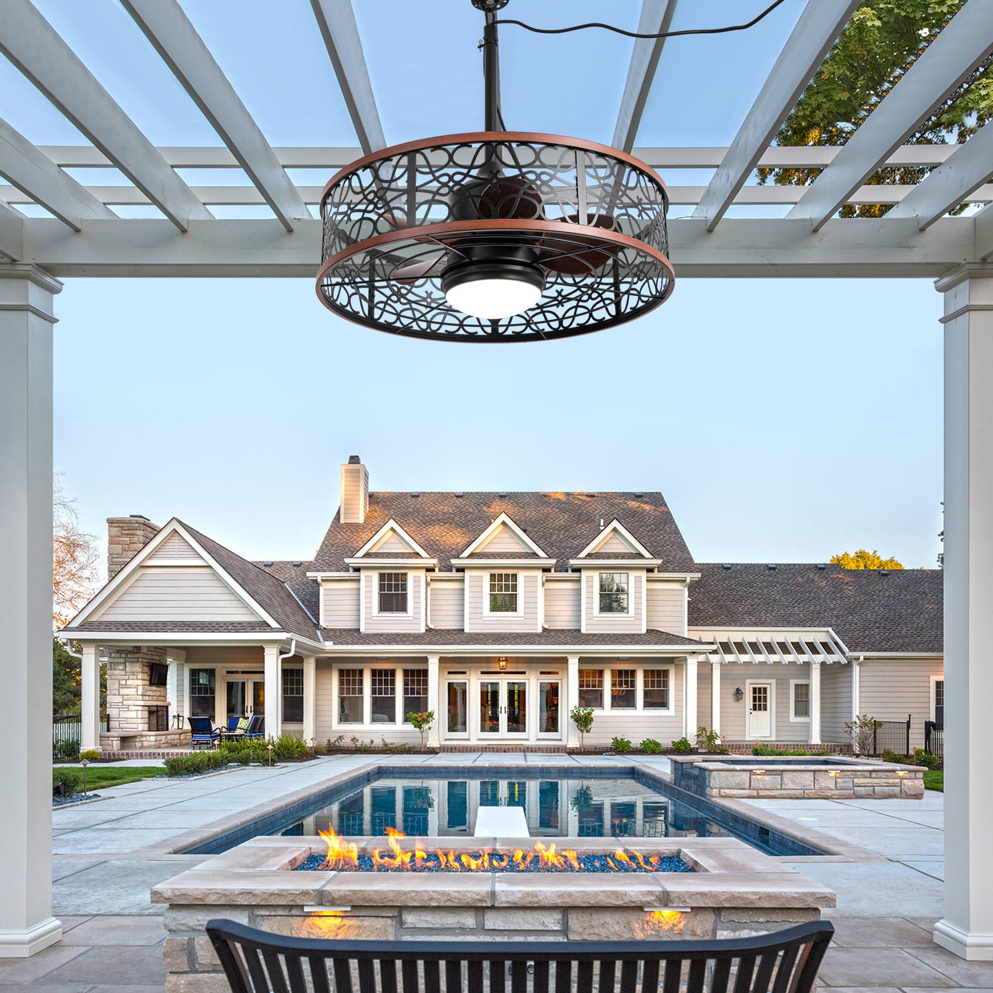 HW2310-GED-BellaDepot 24" Outdoor Iron Carving Caged Ceiling Fan with Remote Control, DC Motor 6 Speeds Fan with LED Lights