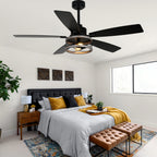 52 Inch Black Farmhouse Ceiling Fan with Lights and Remote Control, 6 Speeds DC Motor Reversible Caged Ceiling Fan