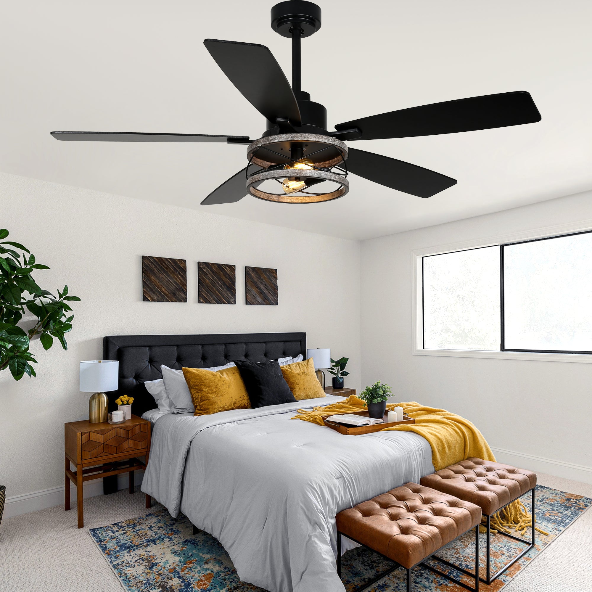 DC255203-B-BellaDepot 52 Inch Farmhouse Ceiling Fan with Remote Control, Wood Grain Ceiling Fan with Lights
