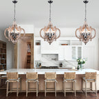6-Light Distressed Wood French Country Vintage Geometric Chandelier with Adjustable Chain, Farmhouse Solid Wooden Chandelier