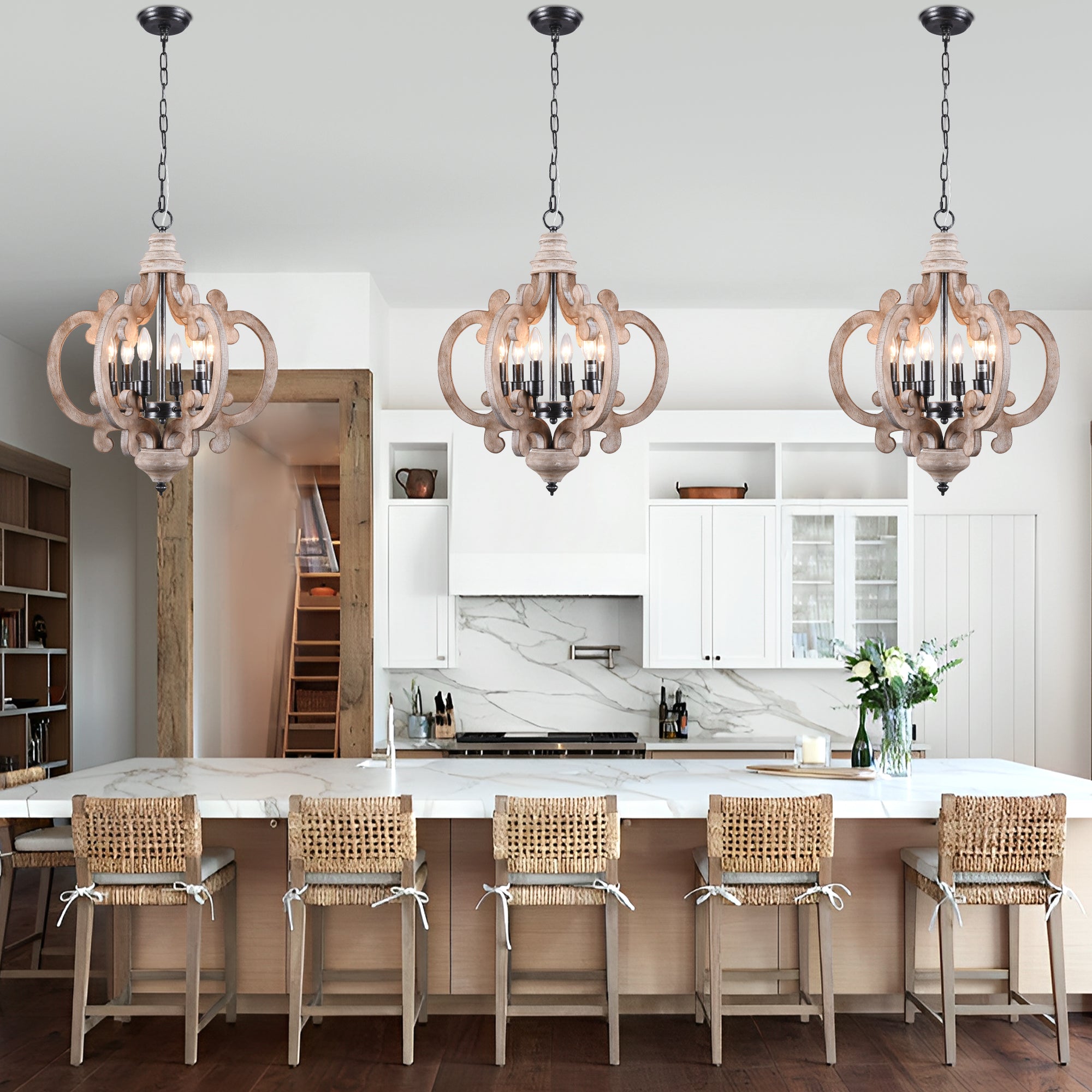 6-Light Distressed Wood French Country Vintage Geometric Chandelier with Adjustable Chain, Farmhouse Solid Wooden Chandelier