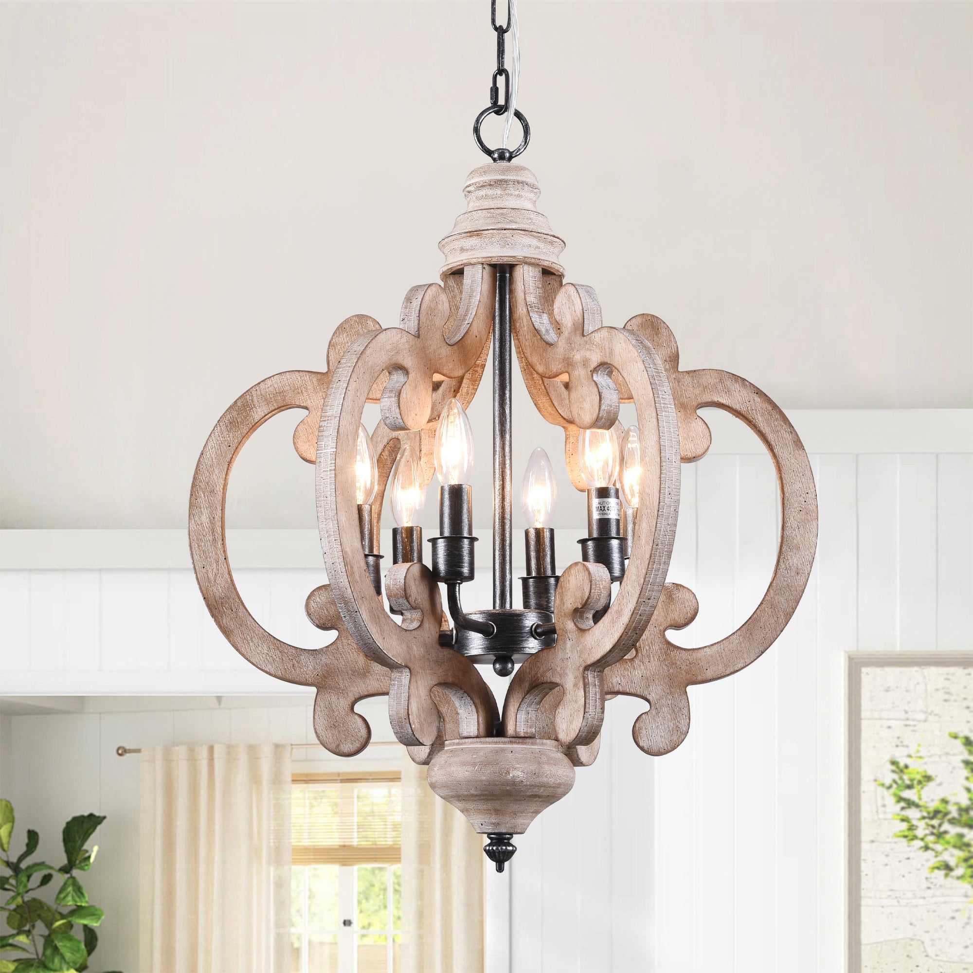 6-Light Distressed Wood French Country Vintage Geometric Chandelier with Adjustable Chain, Farmhouse Solid Wooden Chandelier