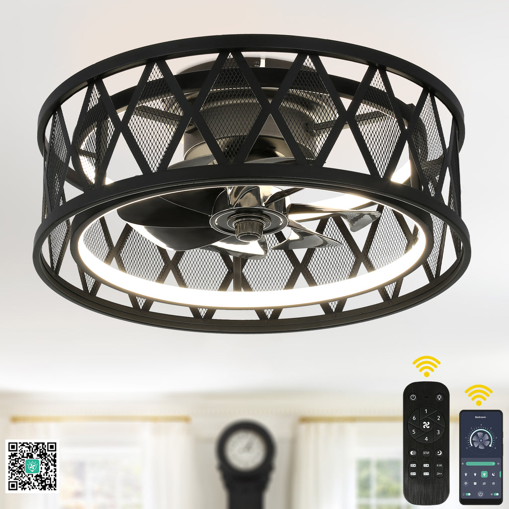 19 Inch Black Industrial Flush Mount Ceiling Fan with Dimmable LED Light, 6 Speed Reversible DC Motor, Low Profile Bladeless Ceiling Fan with Remote and APP Control