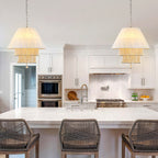 3 - Lights Bohemian Drum Chandelier with Wood Beaded Shade, Fabric Chandelier for Dining Room Living Room