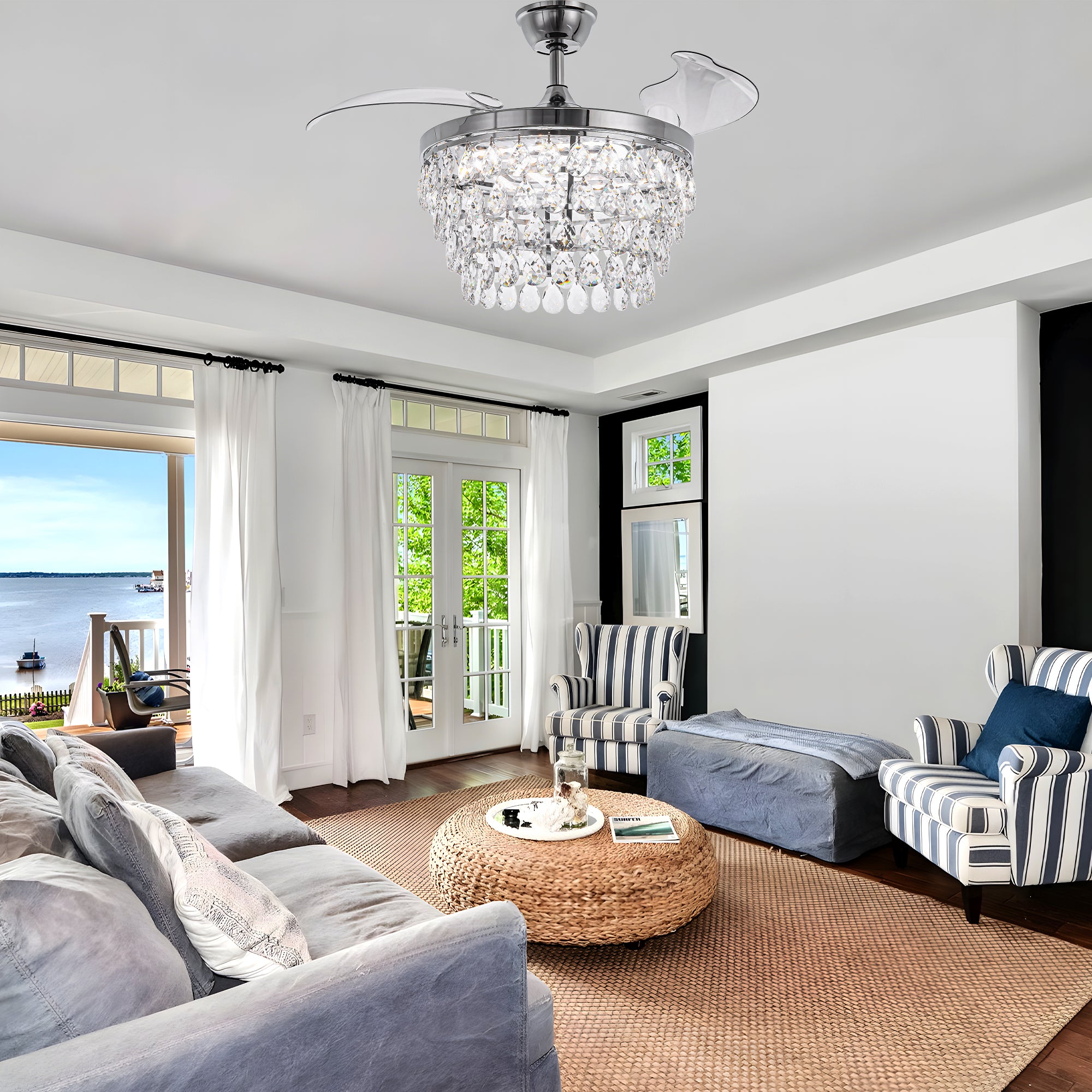 DC4270-BellaDepot 42" Silver or Gold Crystal Chandelier Ceiling Fan with Remote and Lights, Retractable Blades Ceiling Fan