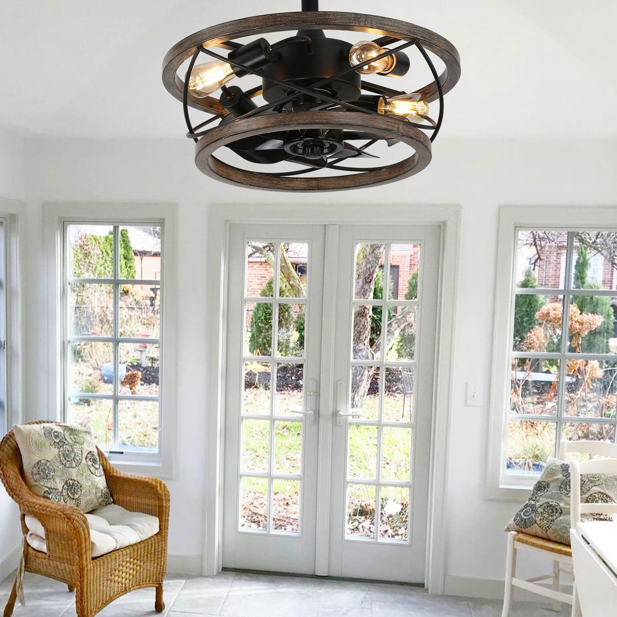 BD1815-BellaDepot 17.7" Industrial Metal Caged Reversible Ceiling Fan with Remote and 4 Lights