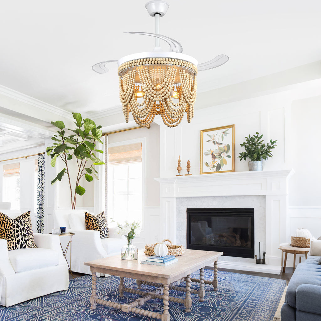 42 Inch Black/Gold/White Boho Retractable Ceiling Fan with Lights and Remote, 6 Speeds DC Motor Bladeless Ceiling Fan with Wood Beaded Shade
