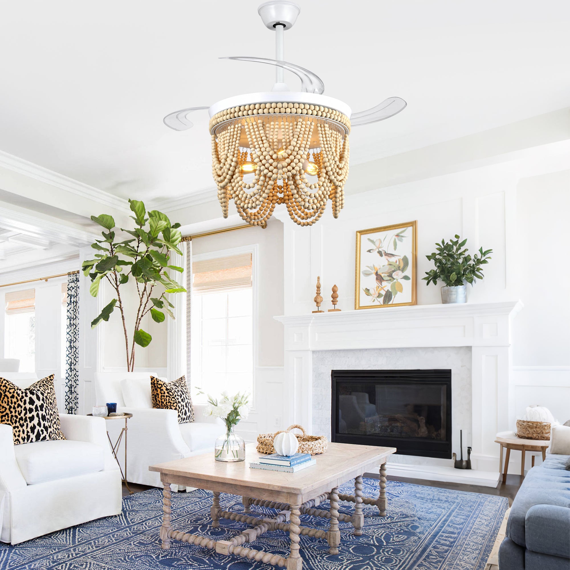 42 Inch Black/Gold/White Boho Retractable Ceiling Fan with Lights and Remote, 6 Speeds DC Motor Bladeless Ceiling Fan with Wood Beaded Shade