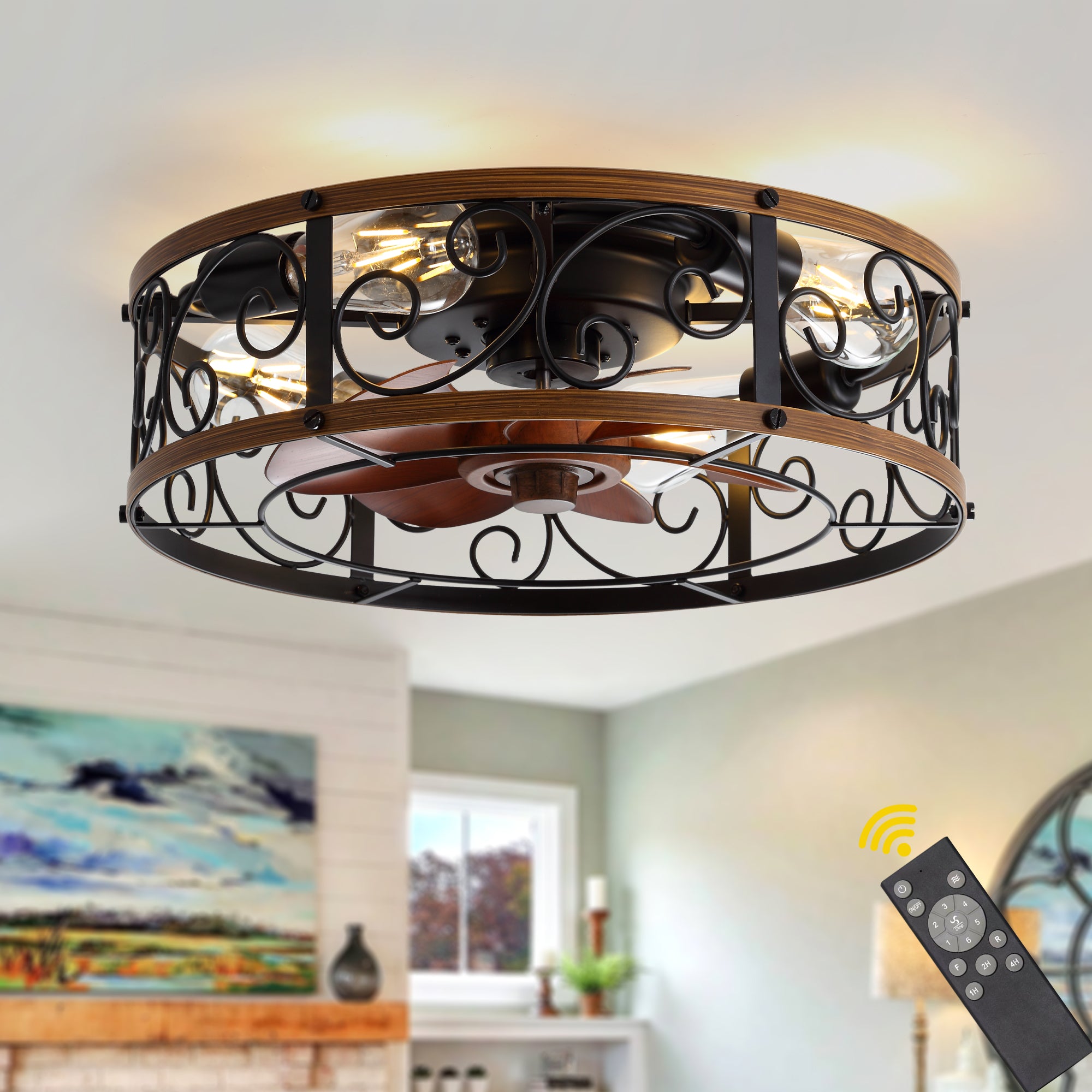 18 Inch Rustic Farmhouse Industrial Flush Mount Ceiling Fan with Lights and Remote, 6 Speeds DC Motor Reversible Low Profile Ceiling Fan