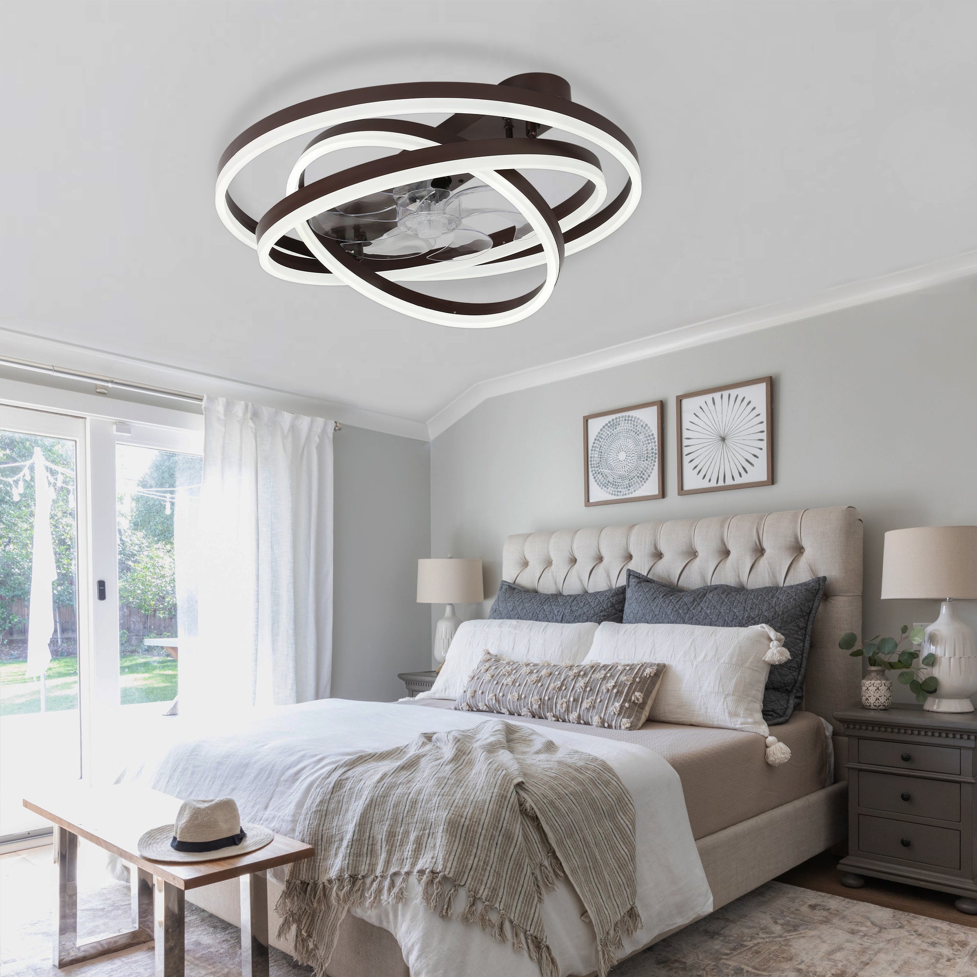 DC2401-BellaDepot 23.6" Black/Chrome/Brown/White/Nickel Finish DIY Shape Low Profile Reversible Ceiling Fan with Remote Control and LED Light Kit Included