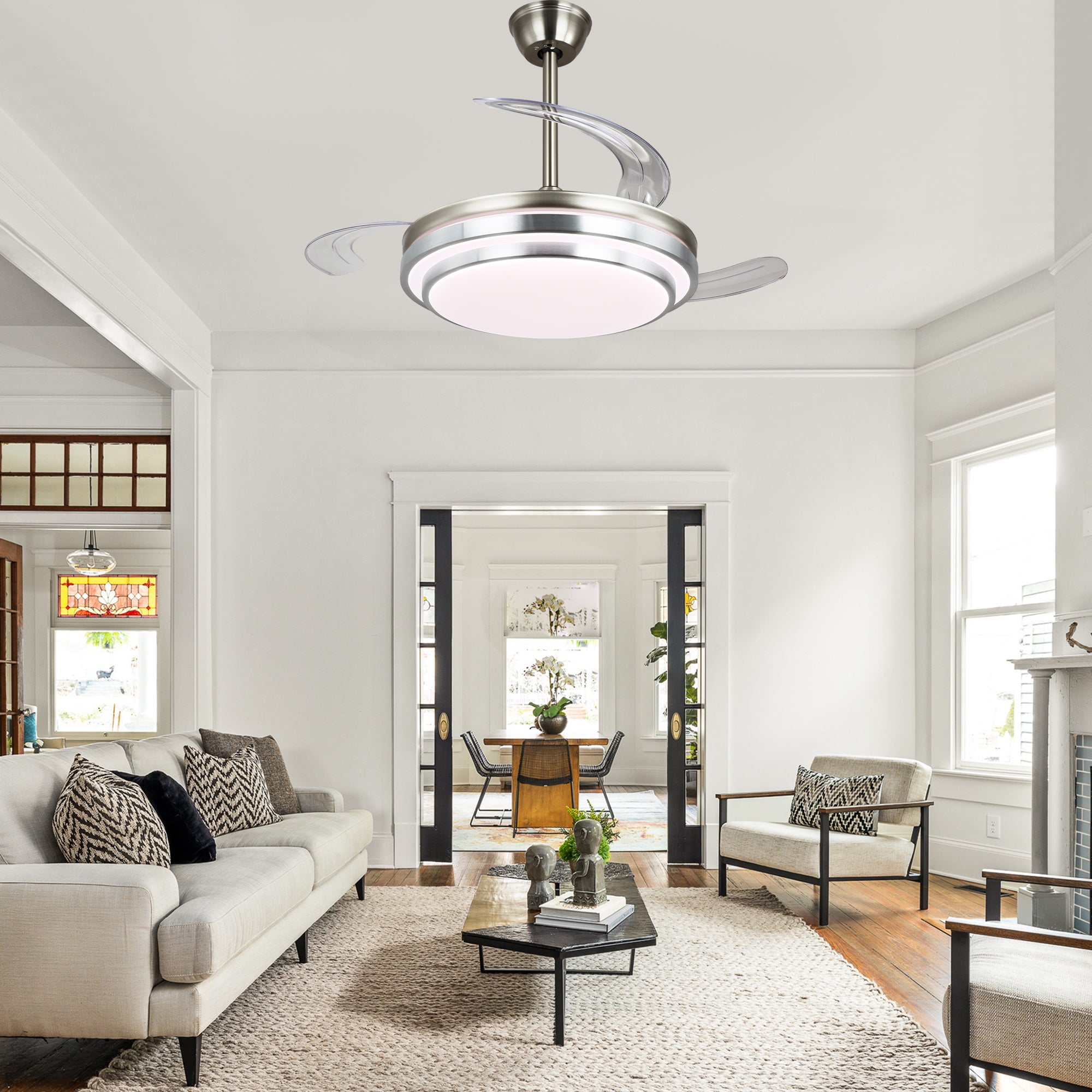 42 Inch Chrome Modern Retractable Ceiling Fan with Dimmable LED Light and Remote, 6 Speeds DC Motor Reversible Fandelier Ceiling Fan