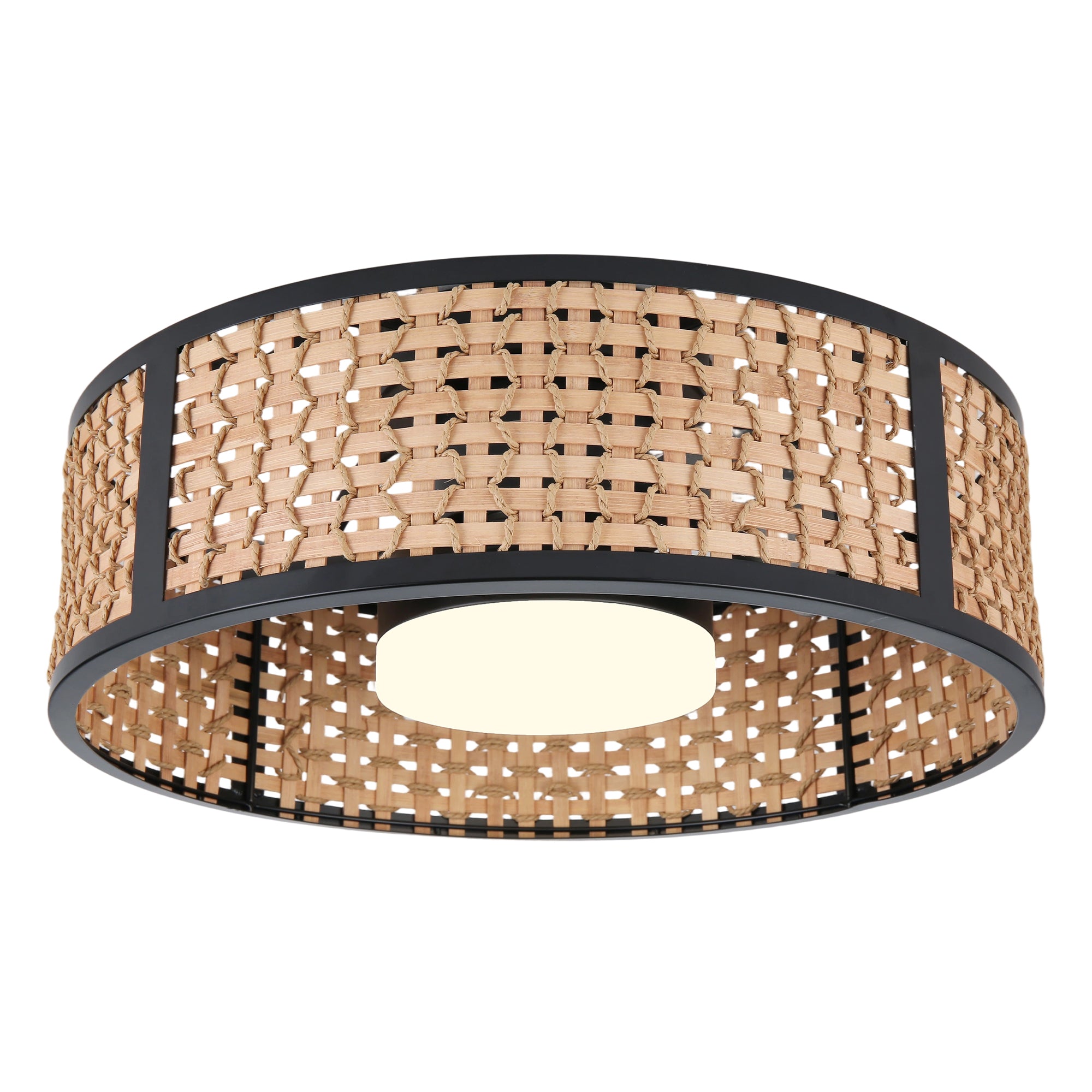 Bohemian 20 Inch Flush Mount Ceiling Fan with Light Caged Bamboo and Paper Rope Woven Shade Ceiling Fan with Ligth Dimmable LED and Reversible DC Motor Ceiling Fan Suit for Bedroom, Kitchen