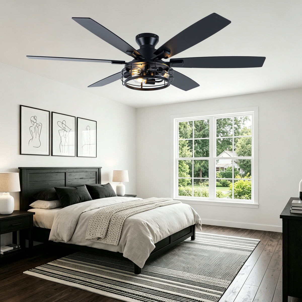 Farmhouse 60 Inch Flush Mount Ceiling Fan with Light Reversible Quiet DC Motor 6 Speed Ceiling Fan with Light Caged Timming Remote Control Ceiling Fan with Light Suit for Bedrooms, Kitchens, Living Rooms
