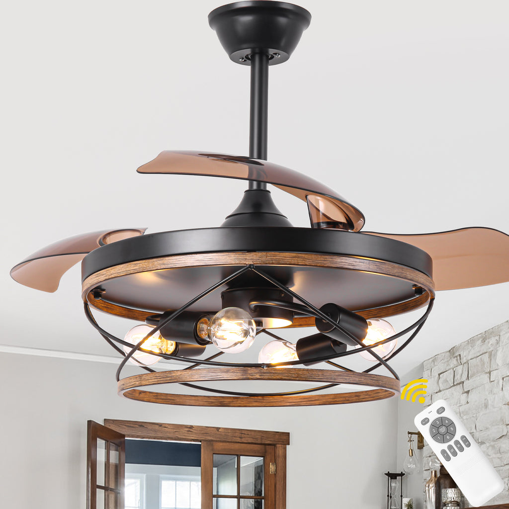 42 Inch Farmhouse Retractable Ceiling Fan with Lights and Remote Control, 6 Speeds Reversible Bladeless Ceiling Fan for Bedroom