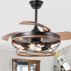 42 Inch Farmhouse Retractable Ceiling Fan with Lights and Remote Control, 6 Speeds Reversible Bladeless Ceiling Fan for Bedroom