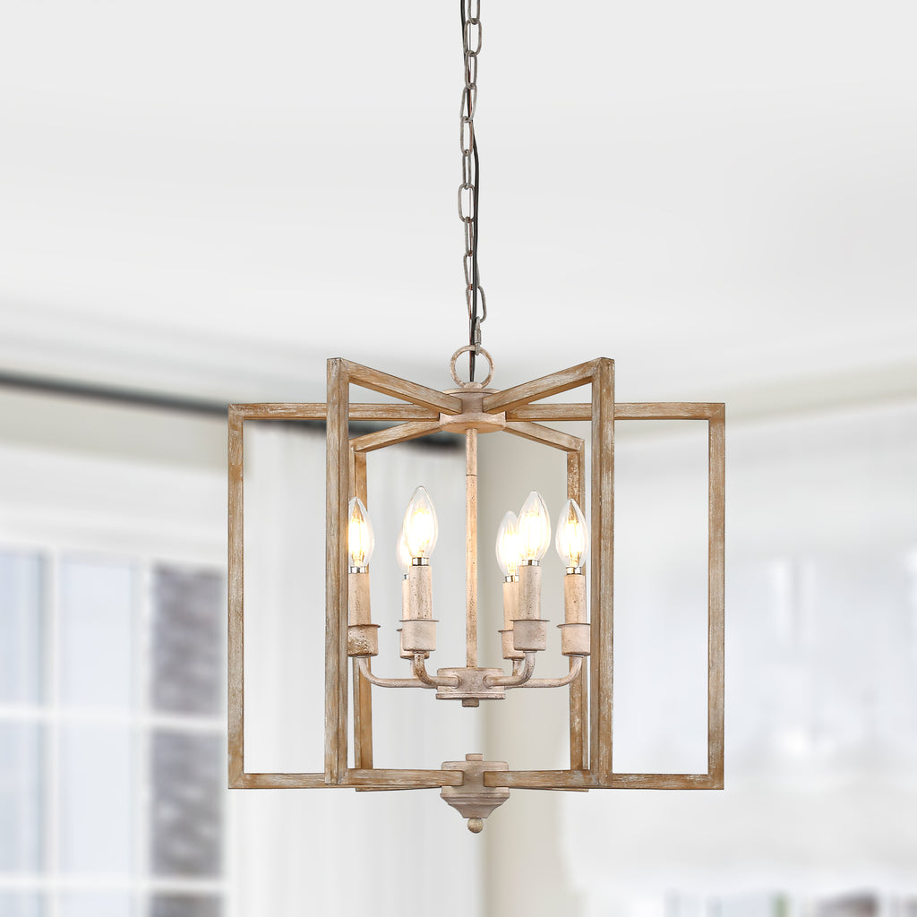 6 - Lights Cottage Distressed Wood Chandelier, 15.7" Height Adjustable Farmhouse Geometric Chandelier
