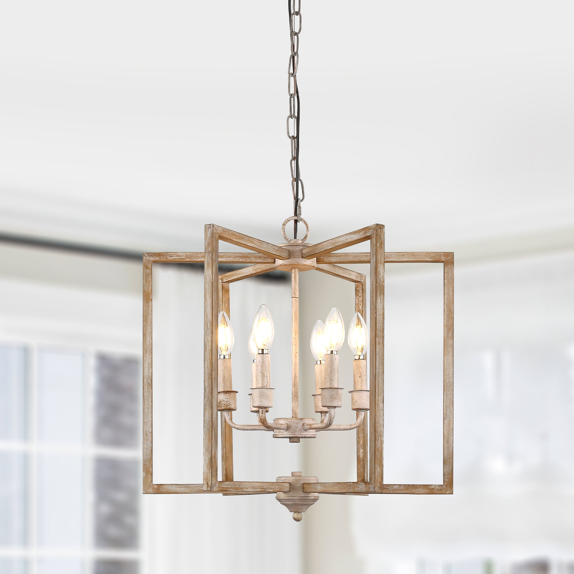 FC4115-BellaDepot 6 Lights Geometric Wood Chandelier, Height Adjustable Home Decoration Pendant Light