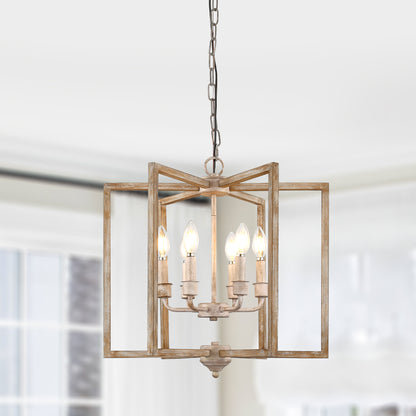 FC4115-6 Lights Geometric Wood Chandelier, Height Adjustable Home Decoration Pendant Light