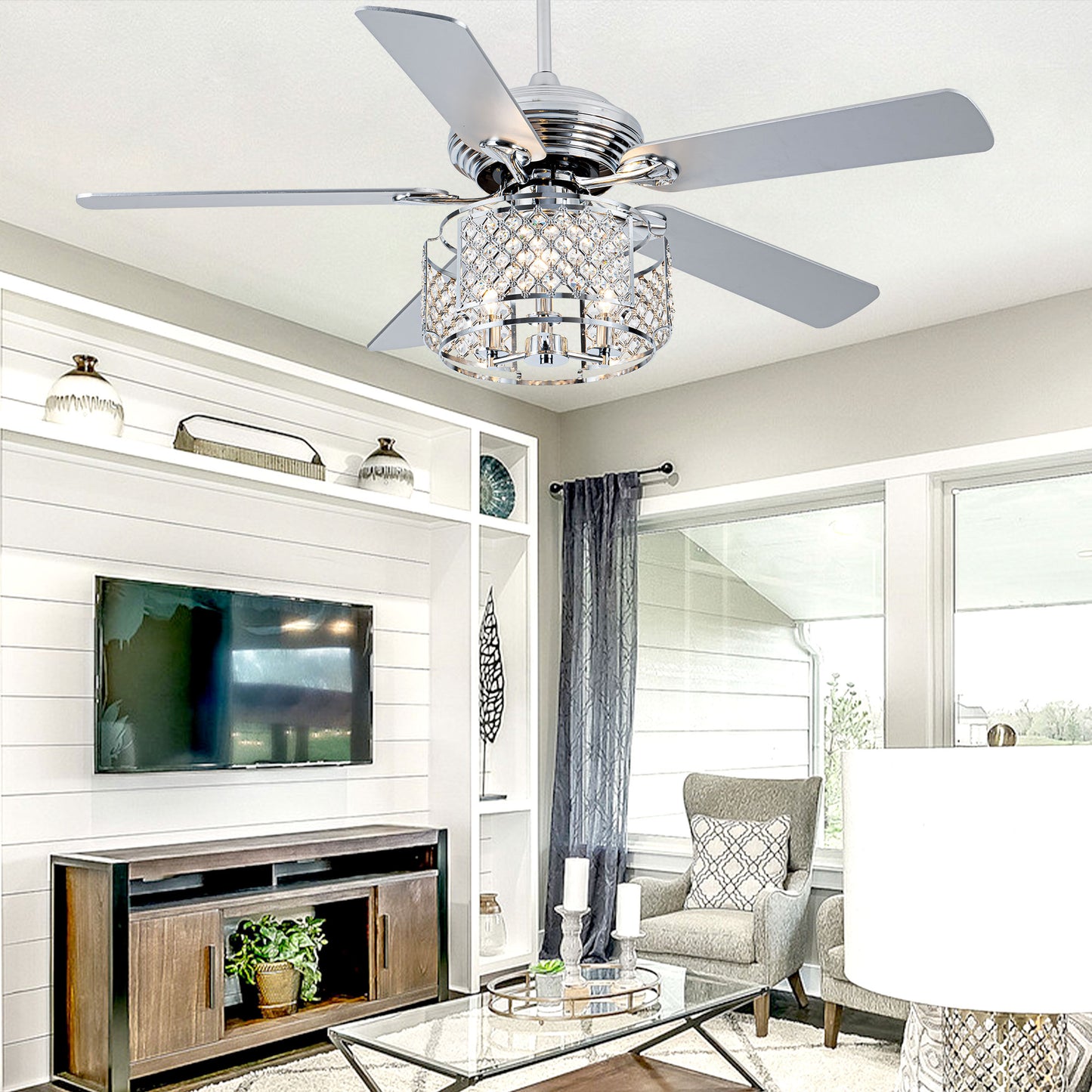 BD2070-52 inch Silver Caged Reversible Crystal Ceiling Fan with Remote and Lights DC Motor 6 Speeds