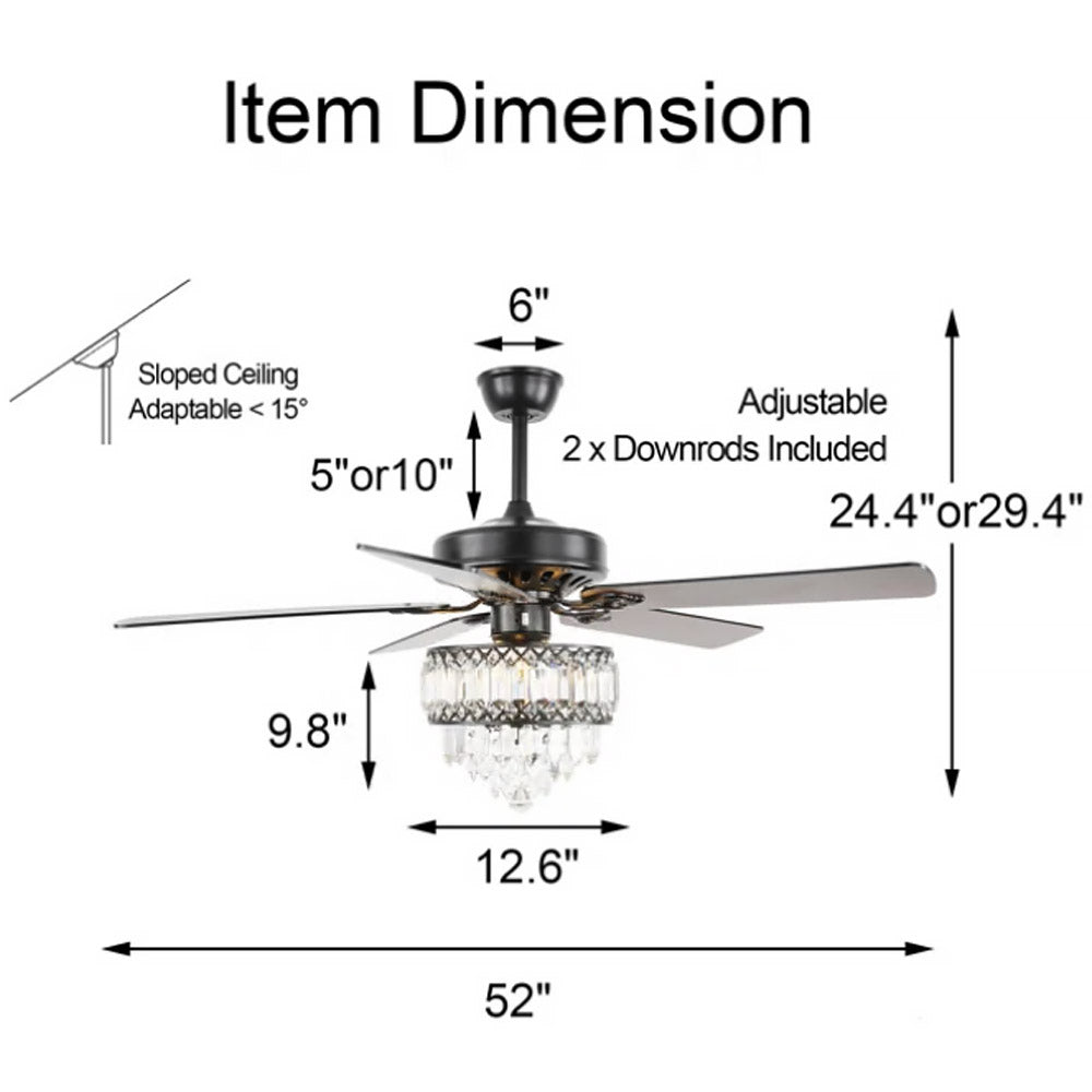 52" BellaDepot Luxury Crystal Ceiling Fan with Light & Remote - Black/Chrome Reversible DC Motor, 6 Speeds, Timer, Quiet Fandelier
